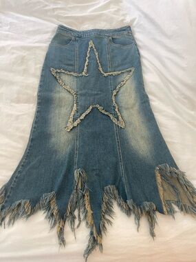 Distress denim midi skirt
